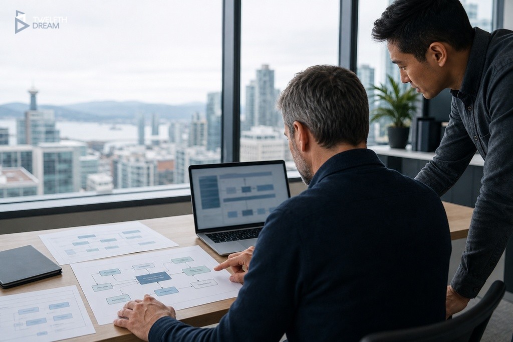 Business owner and developer reviewing app integration diagram in Vancouver office, discussing delivery factors