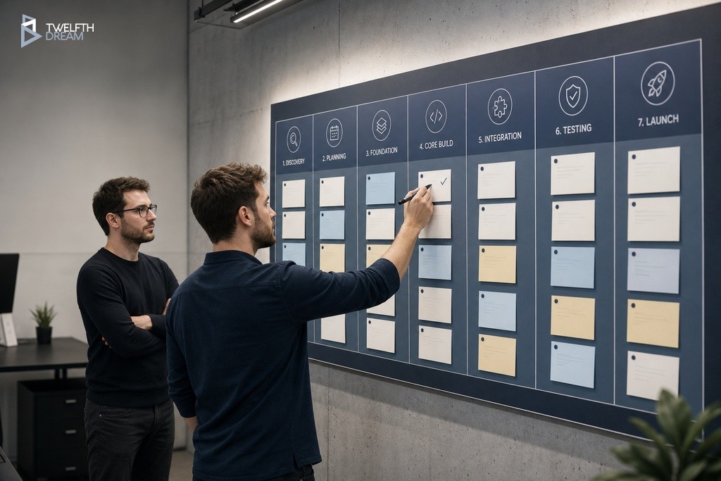 Developer marking completed milestone on agile project board in modern tech studio, sprint planning in progress
