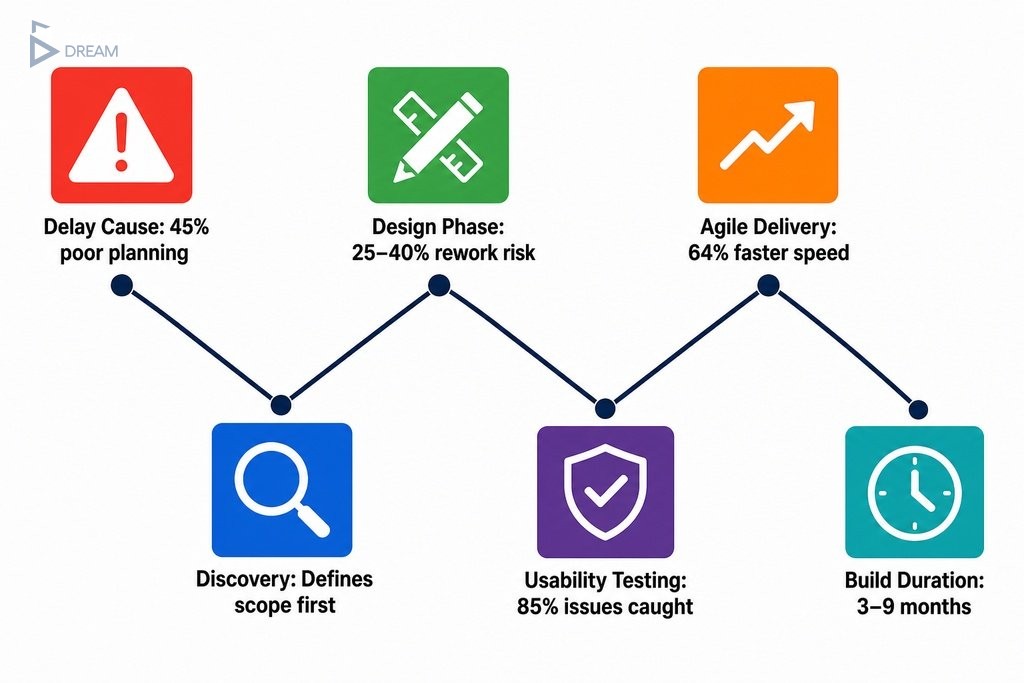 Infographic showing four sequential app development phases, key delay causes, and the impact of early planning on launch time