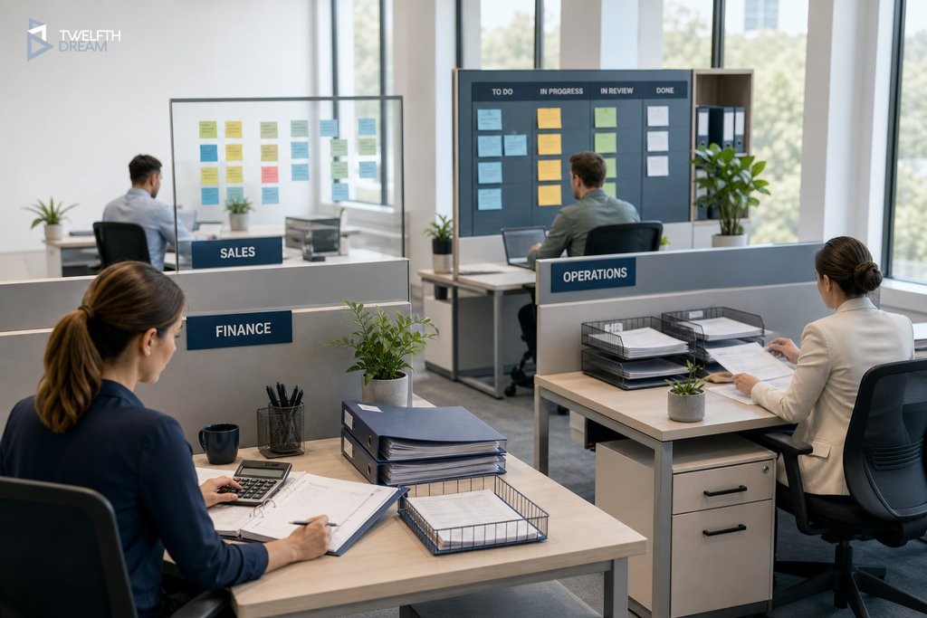 Open plan office showing four department work zones with admin materials representing operations, finance, sales, and HR