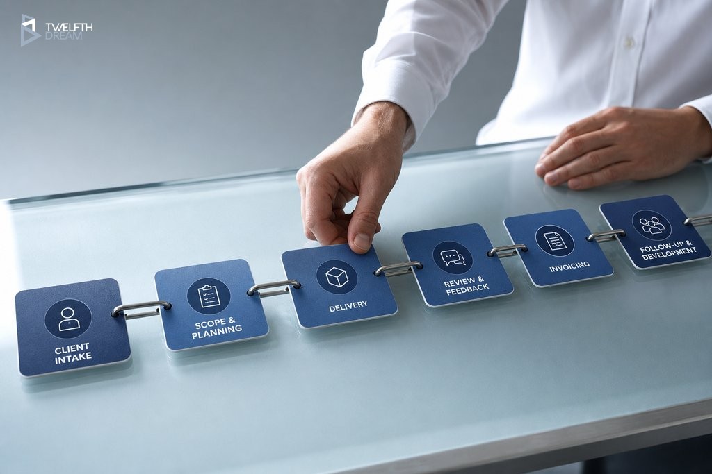 Connected workflow cards laid out in sequence on a glass table, representing an end-to-end automated admin process chain