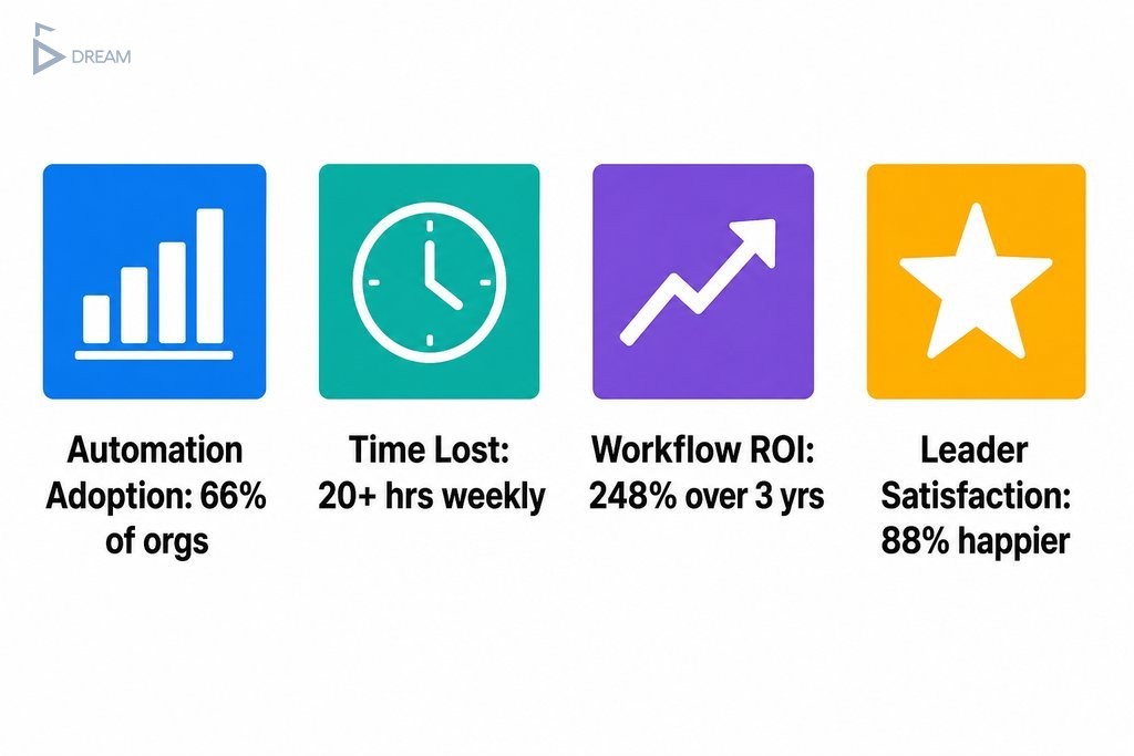 Key facts on automating admin tasks: adoption rates, time lost to manual work, ROI gains, and staff satisfaction impact.