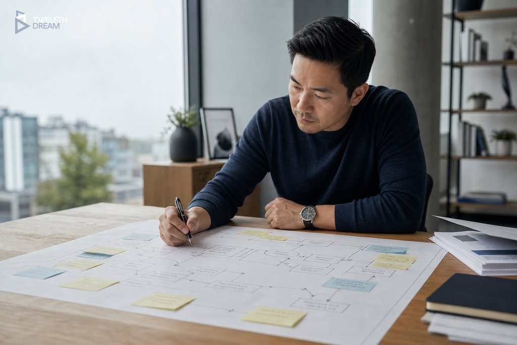 Business owner mapping an approval process workflow on paper with sticky notes on a modern office desk