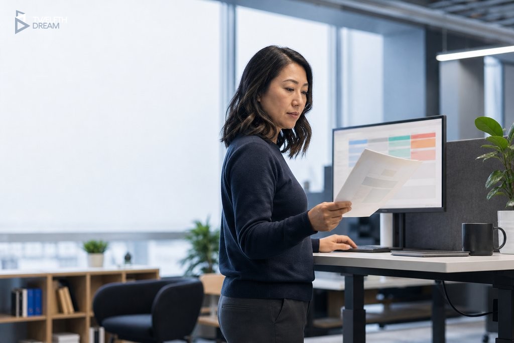 Manager reviewing a flagged approval request at a standing desk with a blurred workflow screen in the background
