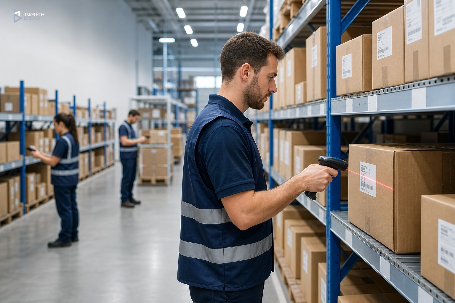 Warehouse worker scanning barcode on shelf box in organized fulfillment center with team in background