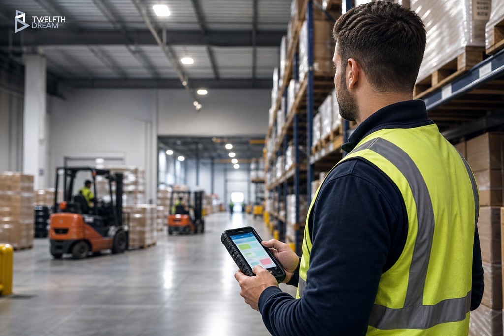 Warehouse team lead using a mobile app on the distribution floor during inventory check