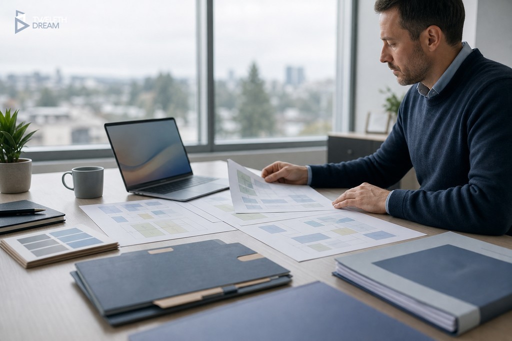 Business owner organising app handoff materials including workflow documents and brand assets at a modern desk