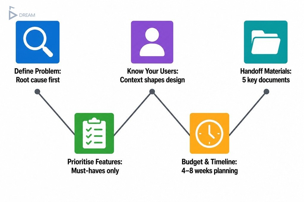 Five-step custom app planning checklist: define the problem, prioritise features, understand users, set budget, prepare hando
