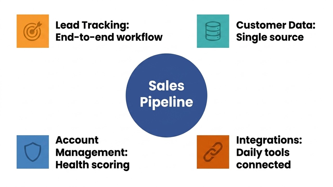 ITEM 1: Label: Sales Pipeline Value: Visual deal flow Icon: funnel ITEM 2: Label: Lead Tracking Value: End-to-end workflow Ic