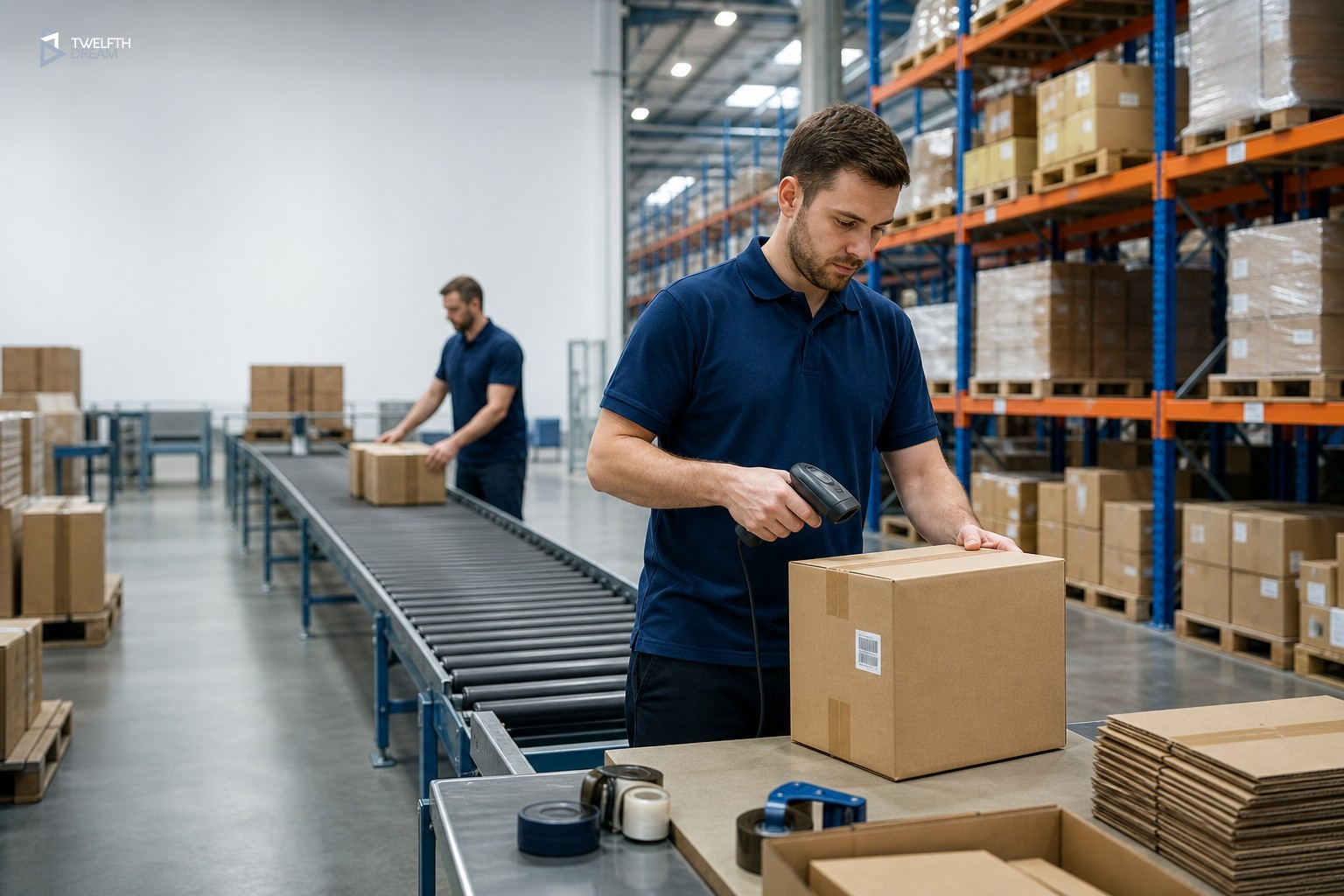 Warehouse worker scanning barcode at packing station during order fulfillment workflow