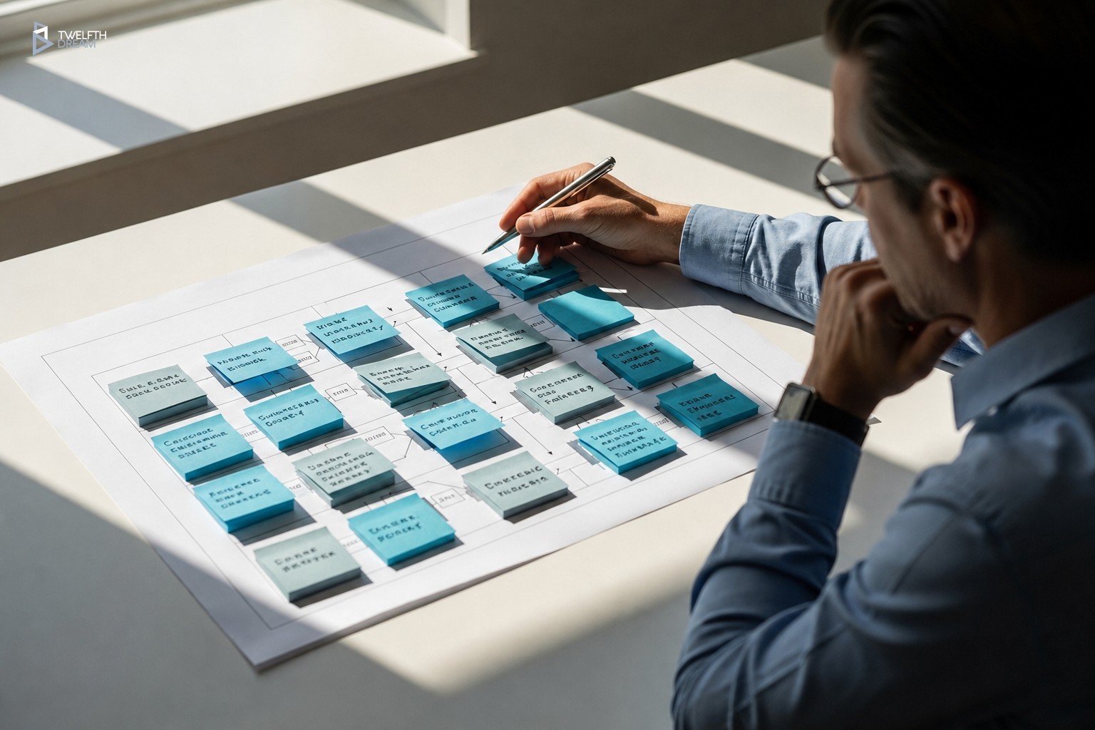 Business owner mapping workflow stages on a desk before defining app success metrics