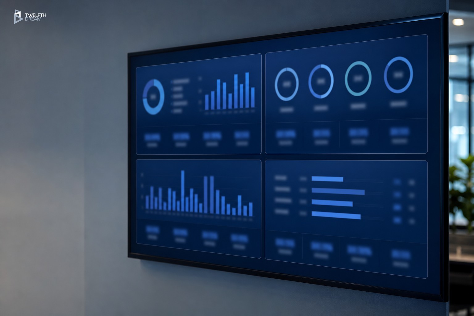 Custom business app dashboard with four operational KPI panel zones displayed on a monitor