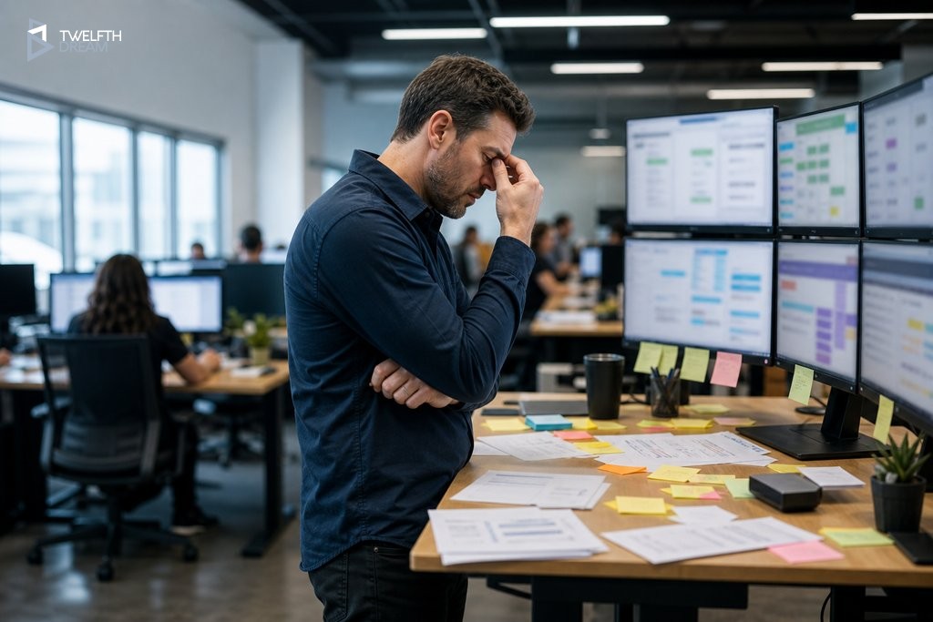 Business owner surrounded by multiple disconnected screens and scattered papers in a busy office, overwhelmed by workflow tools
