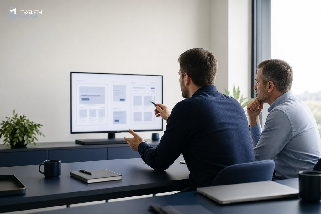 Developer and business owner reviewing custom software wireframes together in a modern professional meeting room