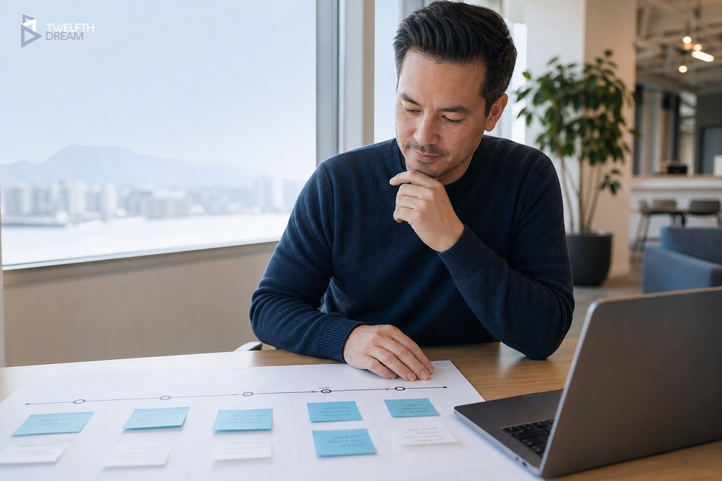Non-technical founder reviewing app release stage timeline with sticky notes at Vancouver co-working desk