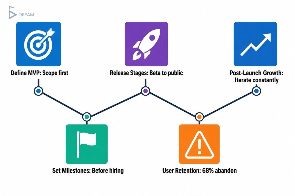 Five sequential app launch planning stages: define MVP, set milestones, release in phases, track retention, and iterate post-
