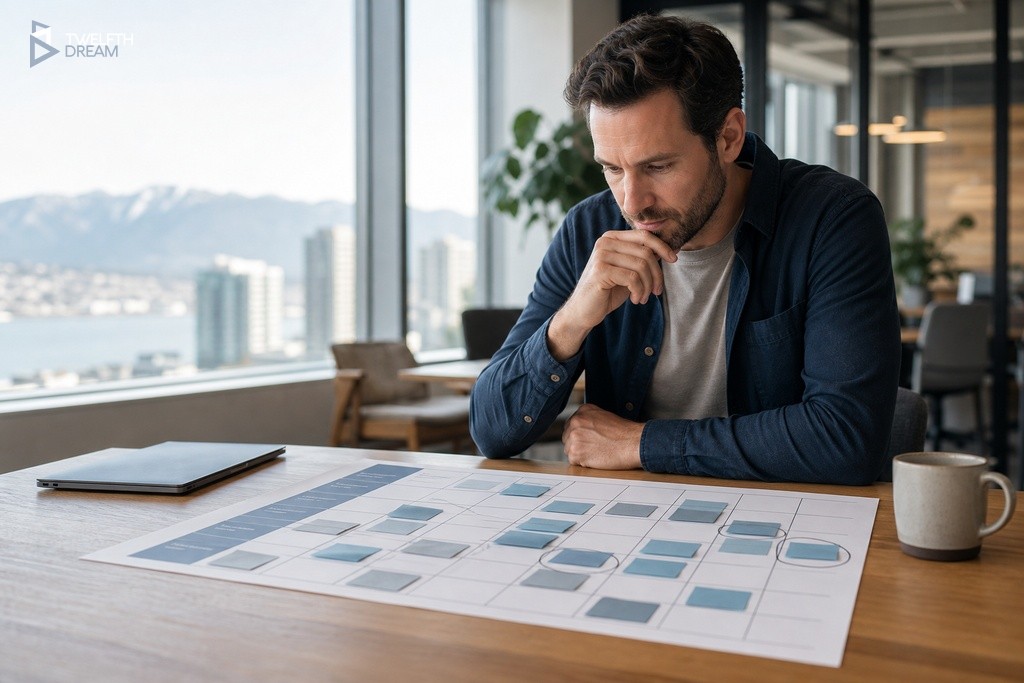 Founder reviewing app revenue model decision matrix on a printed grid at a modern co-working desk