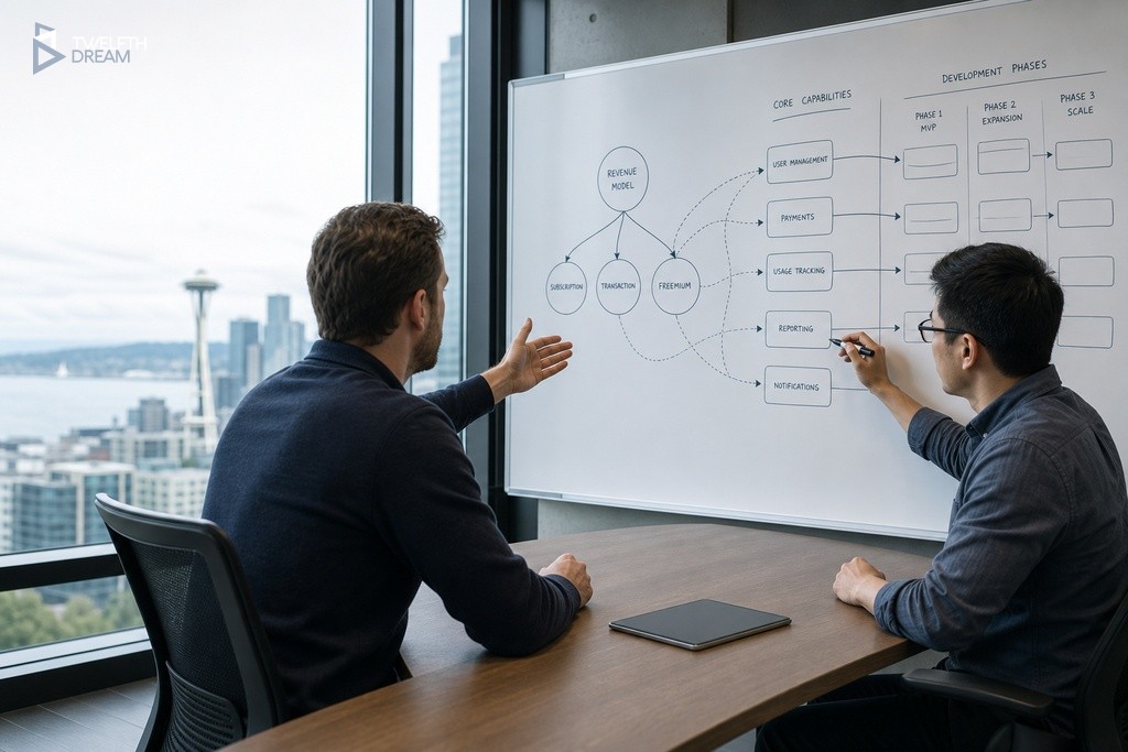 Domain expert and technical lead collaborating on a revenue-ready app feature map on a studio whiteboard