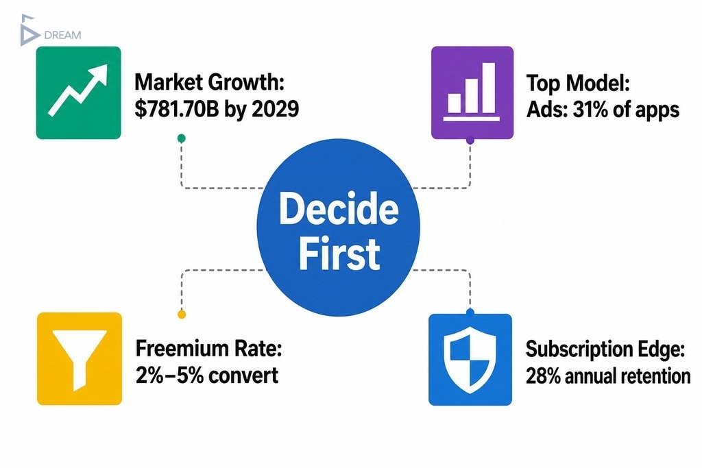 Key app monetization strategy facts for founders: market growth, top models, conversion rates, and planning timing.