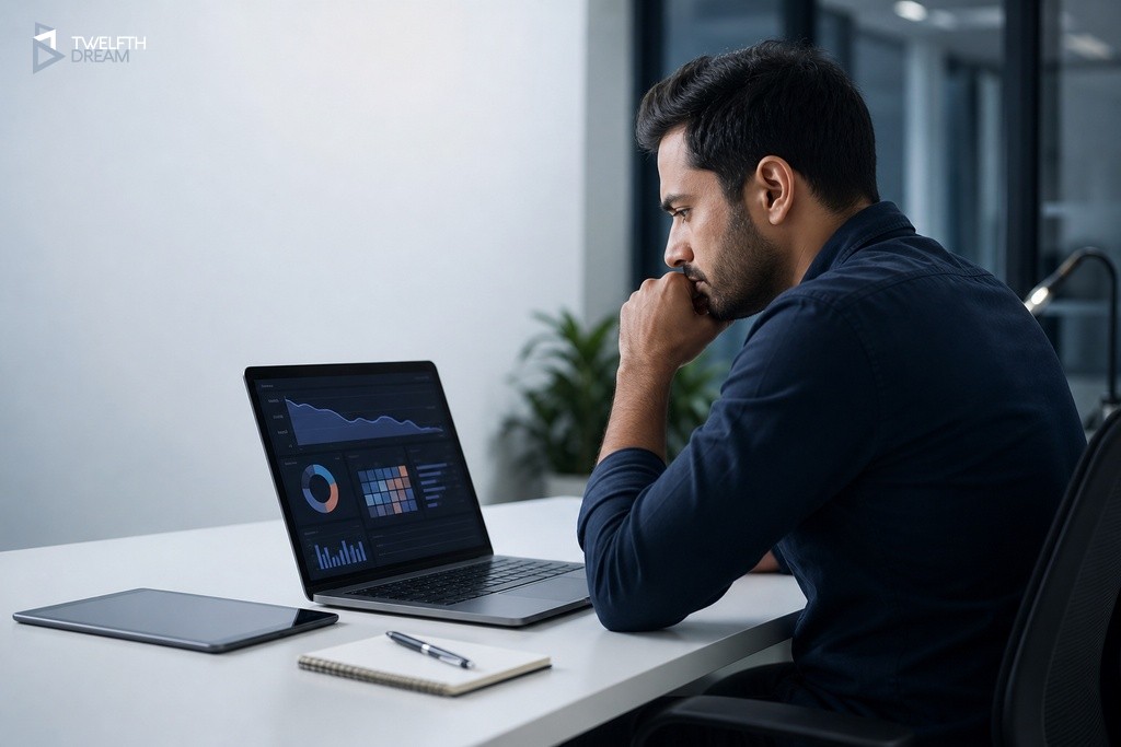 App founder analysing post-launch monetization analytics dashboard to identify churn and drop-off signals