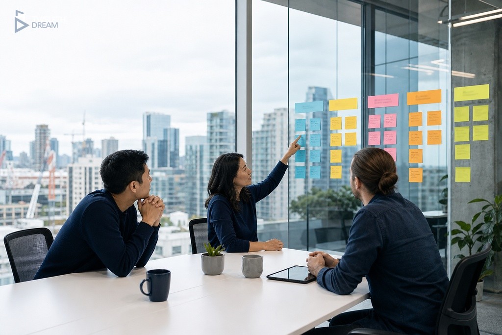 Development team reviewing agile sprint board with sticky notes in a modern Vancouver office