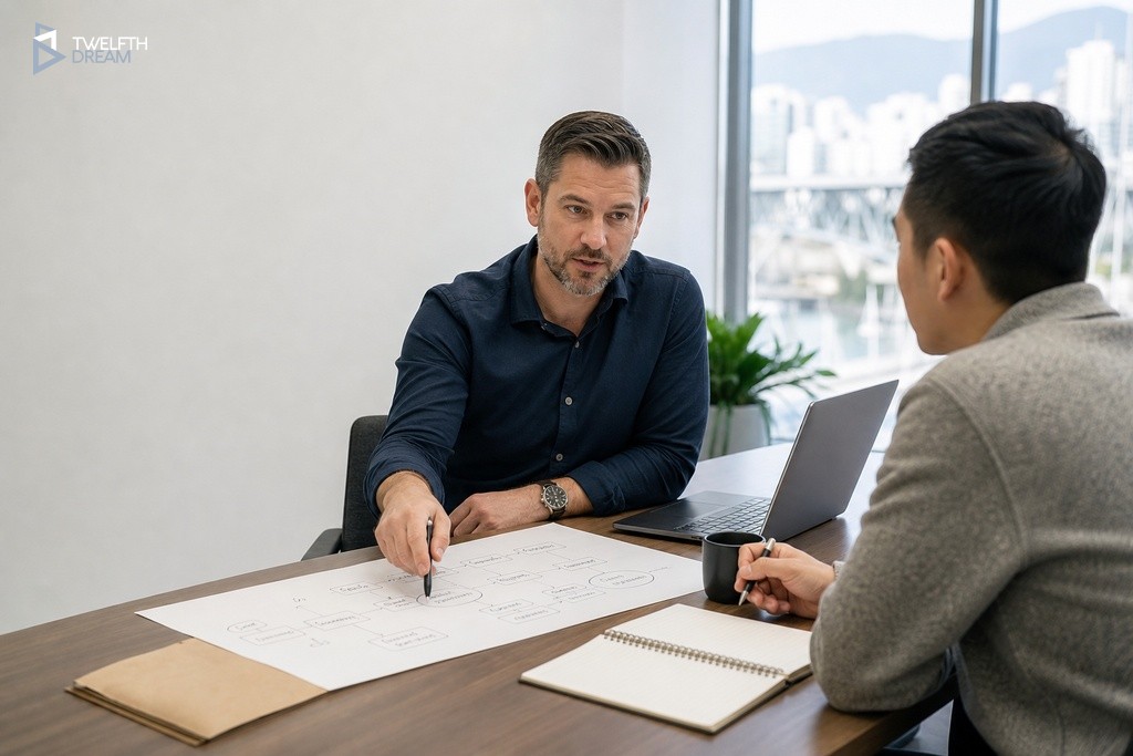 Business owner and analyst reviewing app discovery planning worksheet before Vancouver software project kickoff