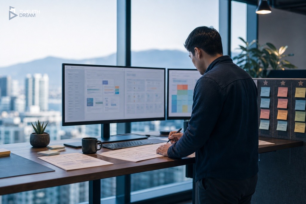 Developer reviewing complex dashboard wireframes and permission layers during custom app feature planning