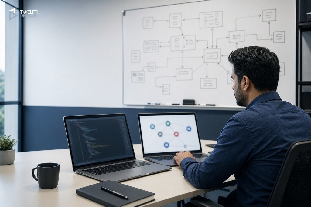 Technical lead mapping third-party API and legacy system integrations across two laptops with whiteboard diagram